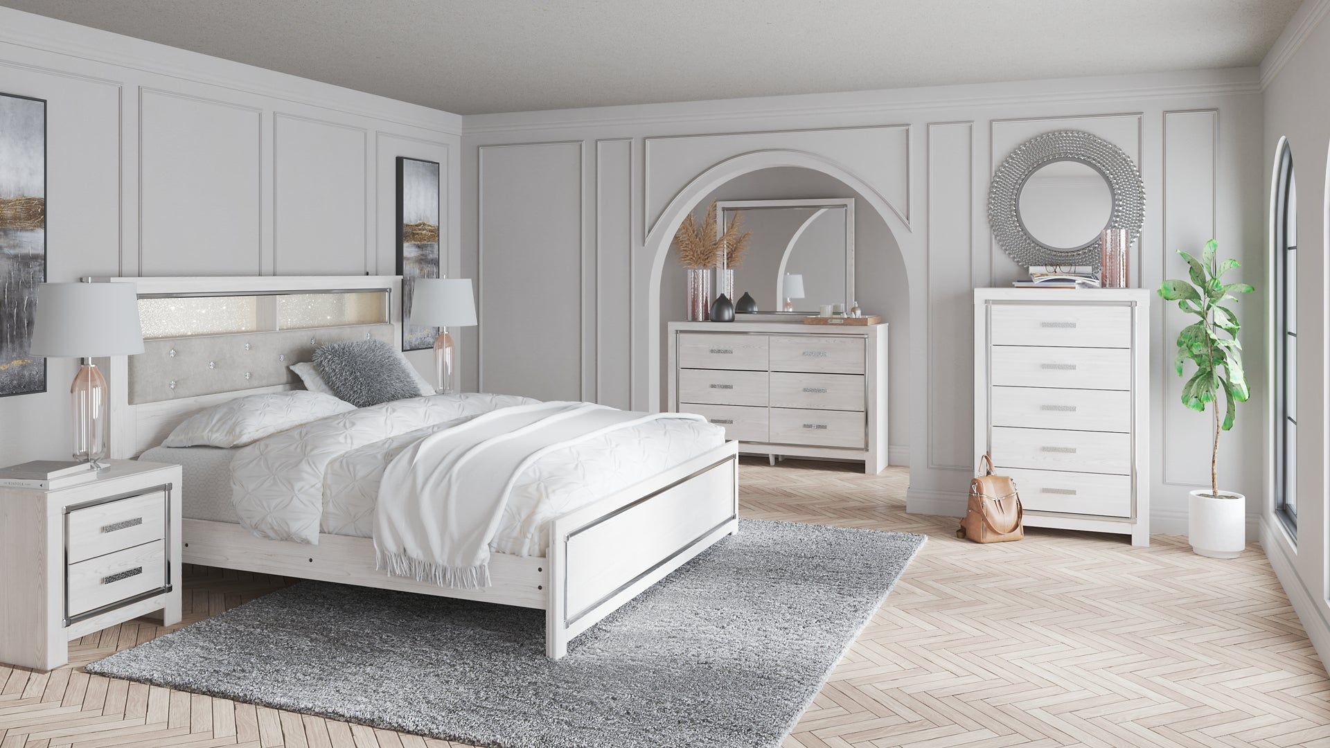 Altyra King Bookcase Headboard with Mirrored Dresser and 2 Nightstands at Towne & Country Furniture (AL) furniture, home furniture, home decor, sofa, bedding