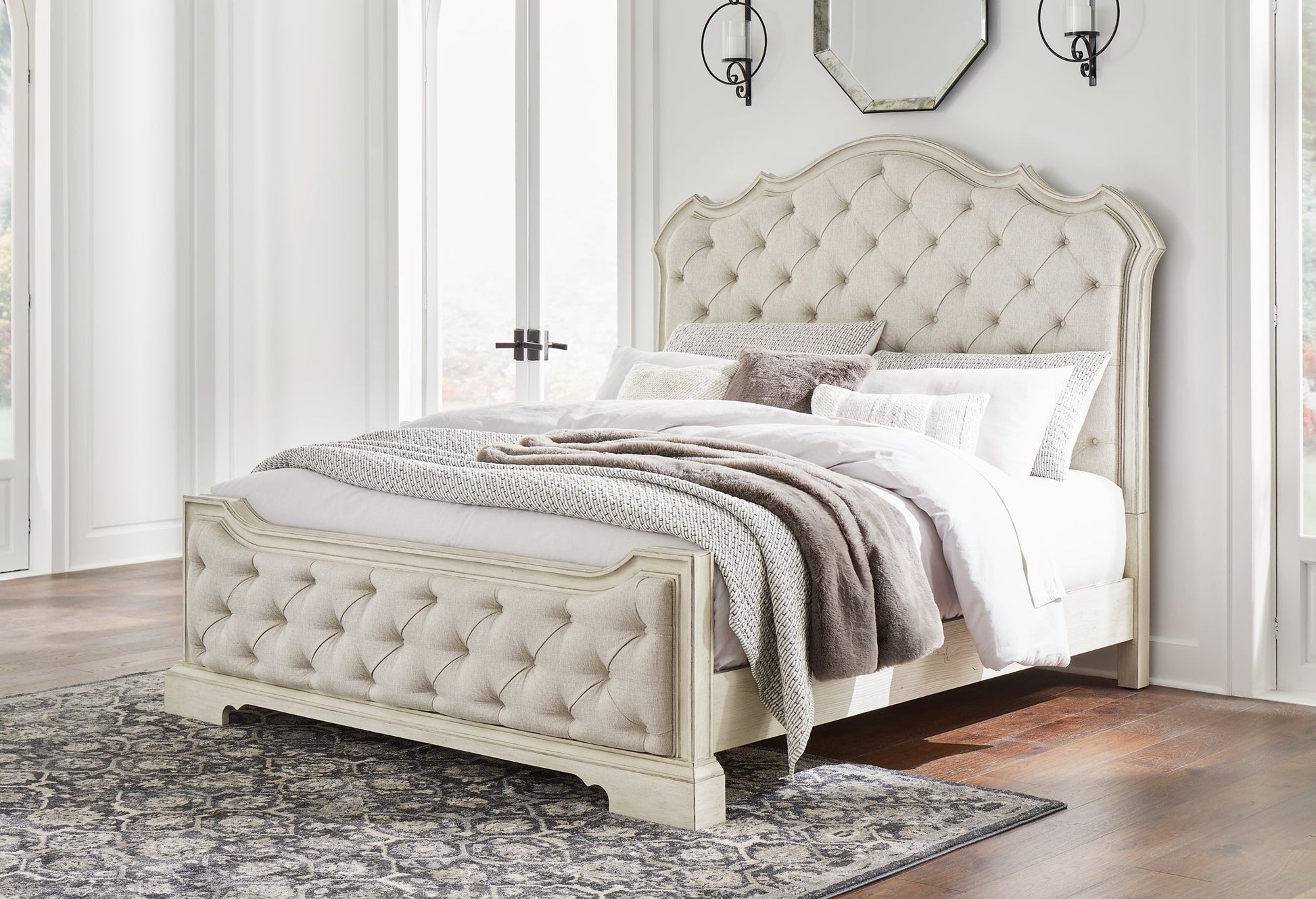 Arlendyne California King Upholstered Bed with Mirrored Dresser and 2 Nightstands at Towne & Country Furniture (AL) furniture, home furniture, home decor, sofa, bedding