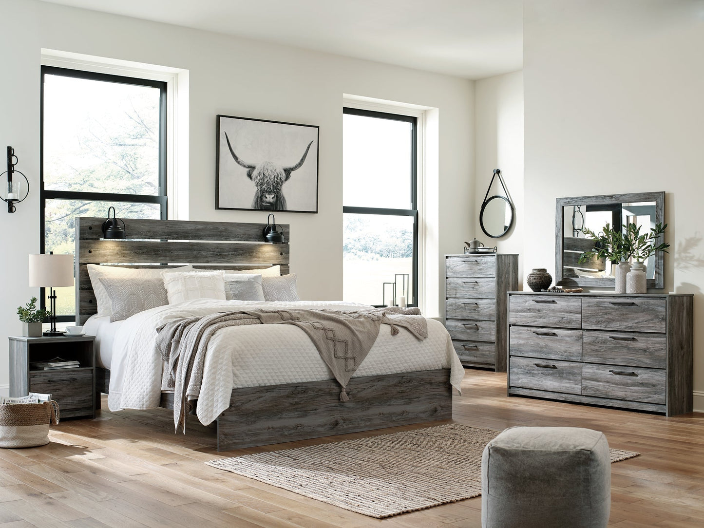 Baystorm King Panel Bed with Mirrored Dresser, Chest and Nightstand at Towne & Country Furniture (AL) furniture, home furniture, home decor, sofa, bedding