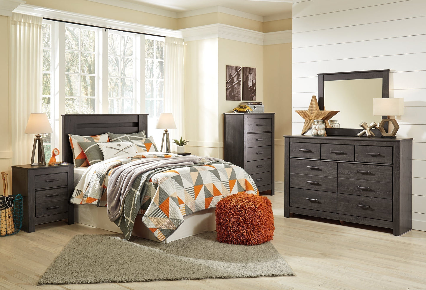 Brinxton Queen/Full Panel Headboard with Mirrored Dresser, Chest and 2 Nightstands at Towne & Country Furniture (AL) furniture, home furniture, home decor, sofa, bedding