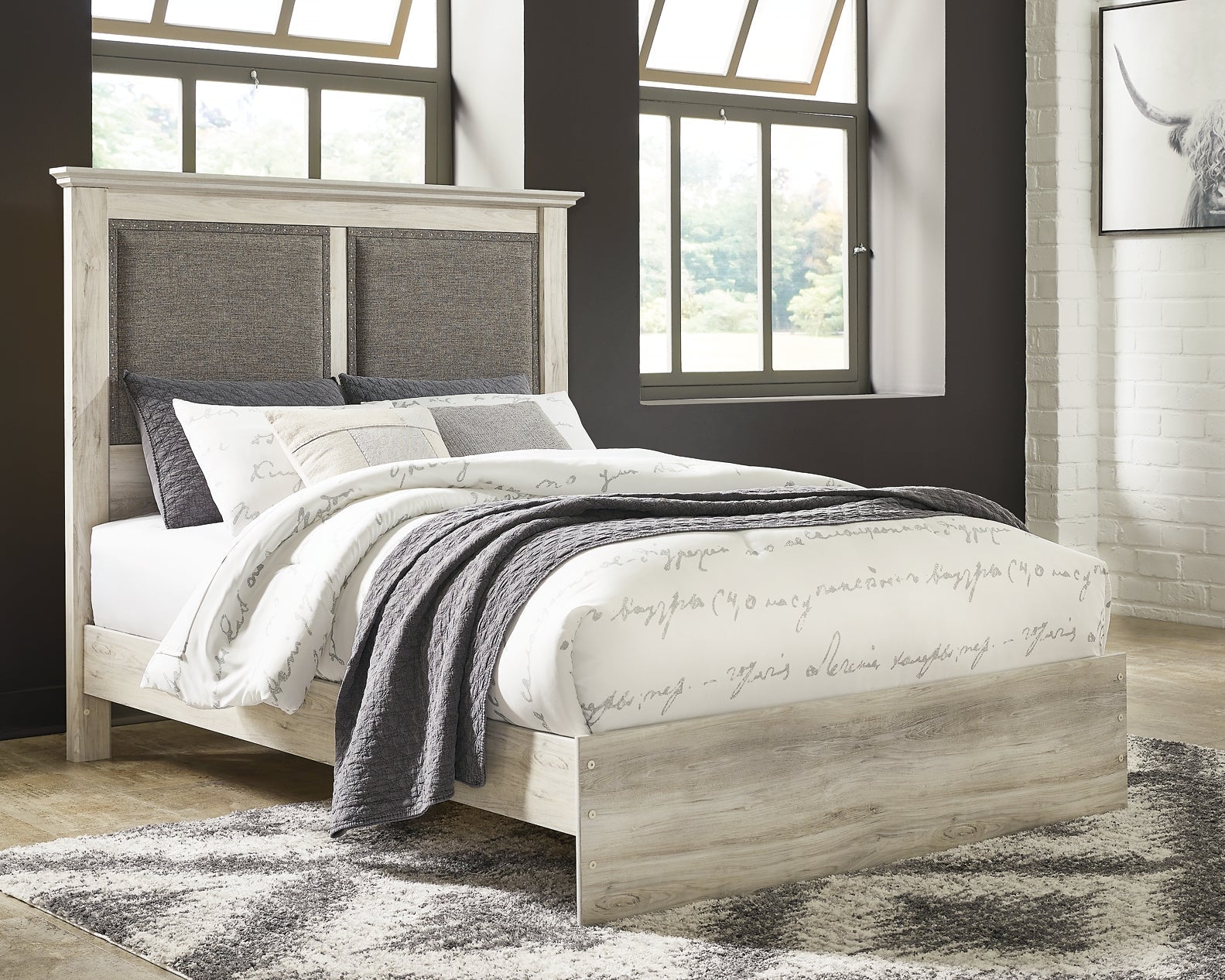 Cambeck Queen Upholstered Panel Bed with Mirrored Dresser, Chest and Nightstand at Towne & Country Furniture (AL) furniture, home furniture, home decor, sofa, bedding