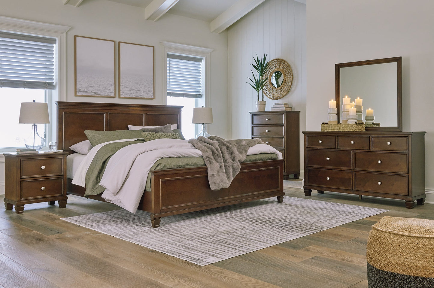 Danabrin California King Panel Bed with Mirrored Dresser, Chest and Nightstand at Towne & Country Furniture (AL) furniture, home furniture, home decor, sofa, bedding