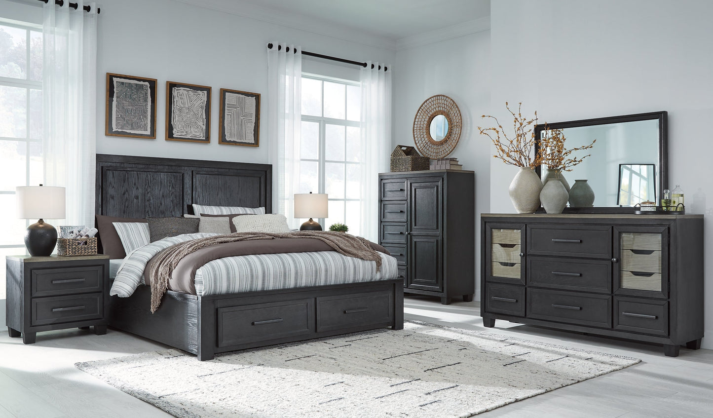 Foyland California King Panel Storage Bed with Mirrored Dresser, Chest and 2 Nightstands at Towne & Country Furniture (AL) furniture, home furniture, home decor, sofa, bedding