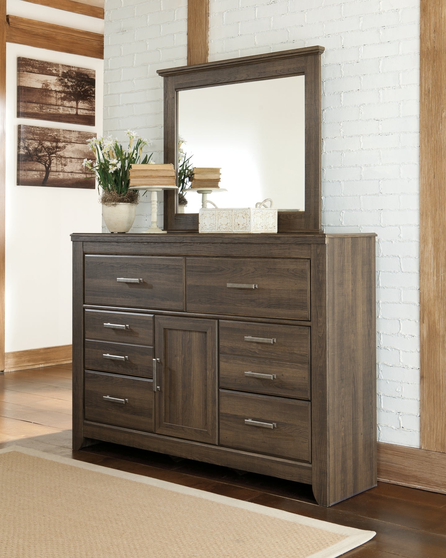 Juararo King/California King Panel Headboard with Mirrored Dresser, Chest and 2 Nightstands at Towne & Country Furniture (AL) furniture, home furniture, home decor, sofa, bedding