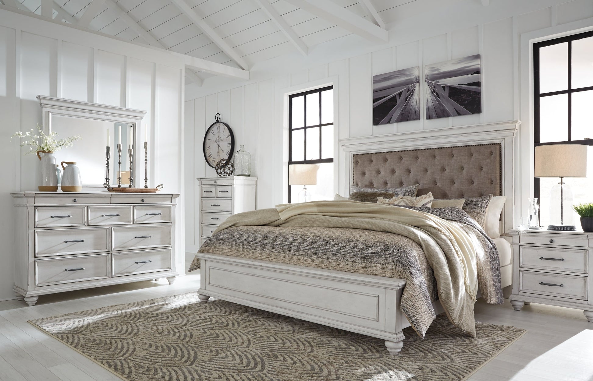 Kanwyn Queen Panel Bed with Mirrored Dresser, Chest and Nightstand at Towne & Country Furniture (AL) furniture, home furniture, home decor, sofa, bedding