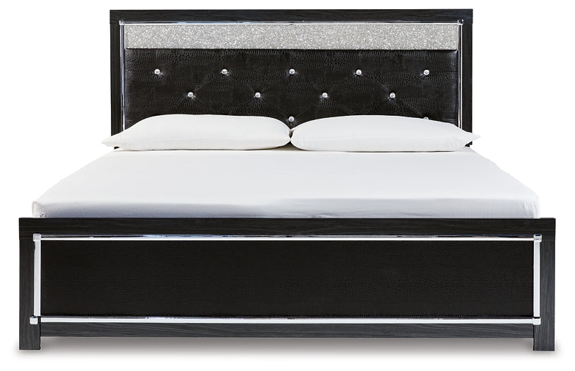Kaydell King Upholstered Panel Platform Bed with Mirrored Dresser, Chest and Nightstand at Towne & Country Furniture (AL) furniture, home furniture, home decor, sofa, bedding