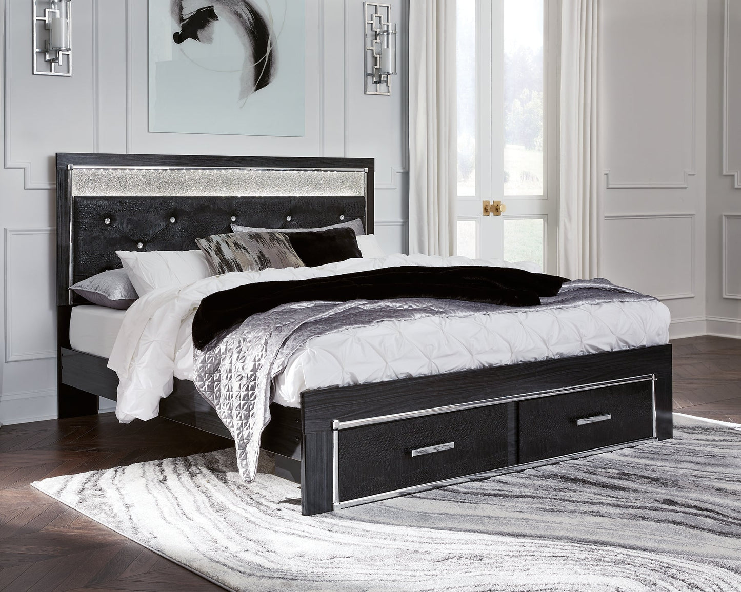 Kaydell King Upholstered Panel Storage Platform Bed with Mirrored Dresser at Towne & Country Furniture (AL) furniture, home furniture, home decor, sofa, bedding