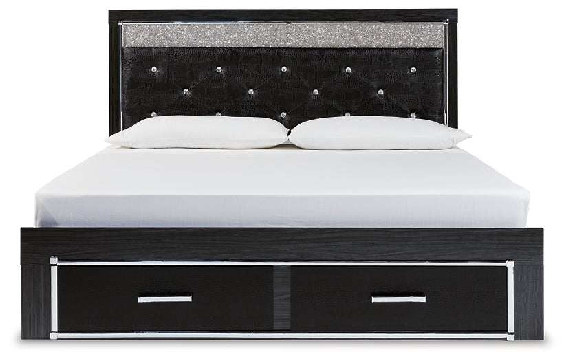 Kaydell King Upholstered Panel Storage Platform Bed with Mirrored Dresser at Towne & Country Furniture (AL) furniture, home furniture, home decor, sofa, bedding