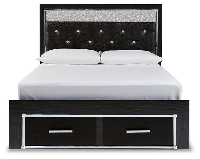 Kaydell Queen Upholstered Panel Storage Bed with Mirrored Dresser and 2 Nightstands at Towne & Country Furniture (AL) furniture, home furniture, home decor, sofa, bedding