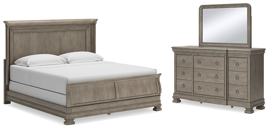 Lexorne California King Sleigh Bed with Mirrored Dresser at Towne & Country Furniture (AL) furniture, home furniture, home decor, sofa, bedding