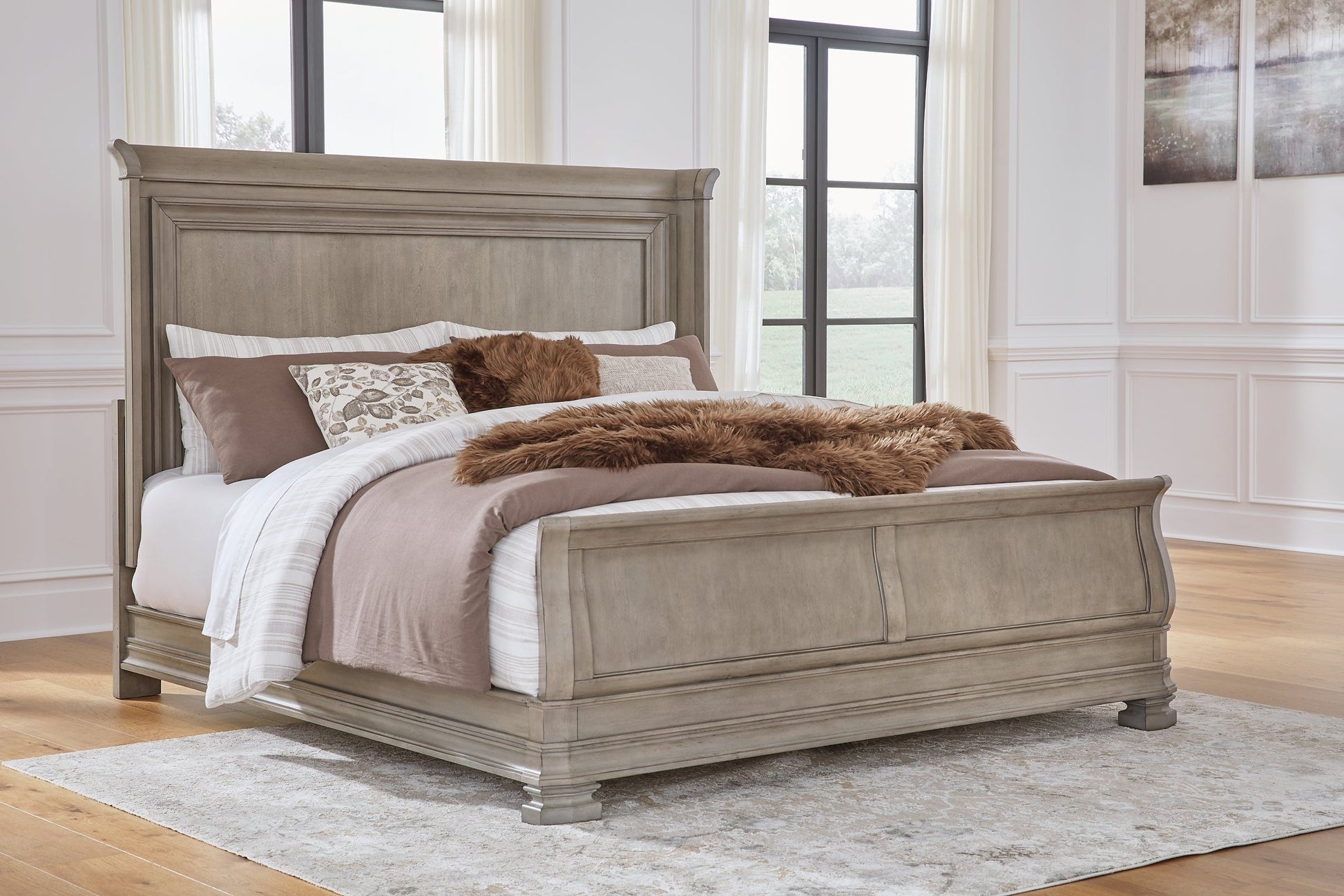 Lexorne California King Sleigh Bed with Mirrored Dresser at Towne & Country Furniture (AL) furniture, home furniture, home decor, sofa, bedding