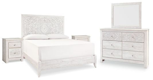 Paxberry King Panel Bed with Mirrored Dresser and 2 Nightstands at Towne & Country Furniture (AL) furniture, home furniture, home decor, sofa, bedding