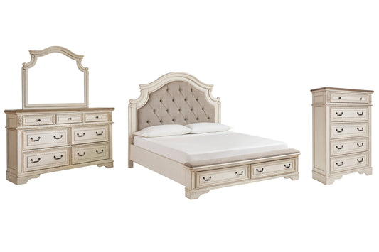 Realyn California King Upholstered Bed with Mirrored Dresser and Chest at Towne & Country Furniture (AL) furniture, home furniture, home decor, sofa, bedding