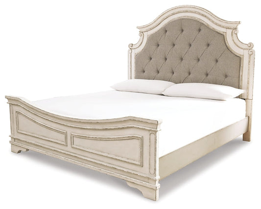 Realyn California King Upholstered Panel Bed with Mirrored Dresser at Towne & Country Furniture (AL) furniture, home furniture, home decor, sofa, bedding