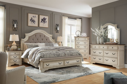 Realyn King Upholstered Bed with Mirrored Dresser at Towne & Country Furniture (AL) furniture, home furniture, home decor, sofa, bedding