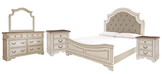 Realyn King Upholstered Panel Bed with Mirrored Dresser and 2 Nightstands at Towne & Country Furniture (AL) furniture, home furniture, home decor, sofa, bedding