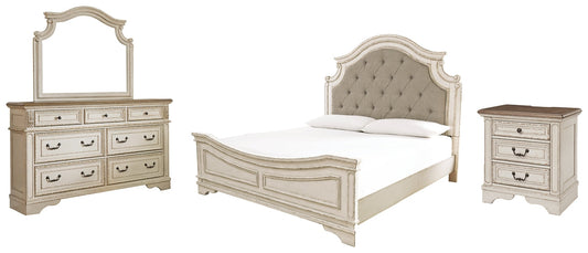 Realyn King Upholstered Panel Bed with Mirrored Dresser and Nightstand at Towne & Country Furniture (AL) furniture, home furniture, home decor, sofa, bedding