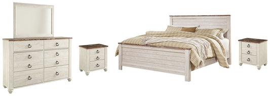 Willowton California King Panel Bed with Mirrored Dresser and 2 Nightstands at Towne & Country Furniture (AL) furniture, home furniture, home decor, sofa, bedding